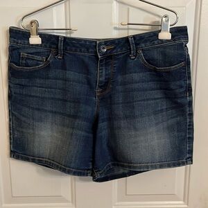 Jean shorts size 12.  Machine wash inside out, tumble dry low.